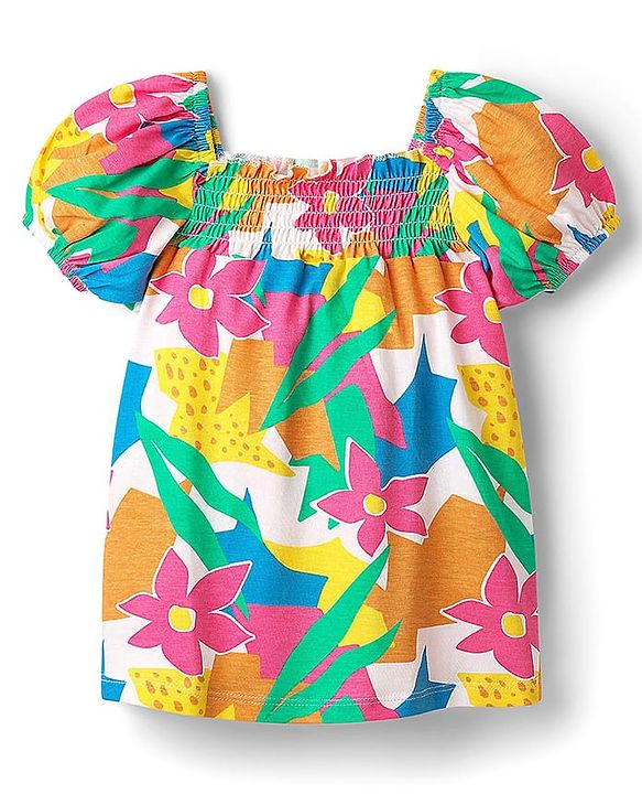Babyhug Single Jersey Knit Half Puffed Sleeves Top & Woven Stretch Twill Shorts Set With Floral Print & Smocking - Pink