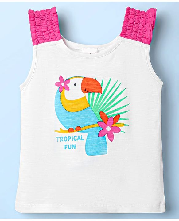 Babyhug Single Jersey Knit Sleeveless Top and Shorts with Bird & Tropical Print- White & Dark Pink