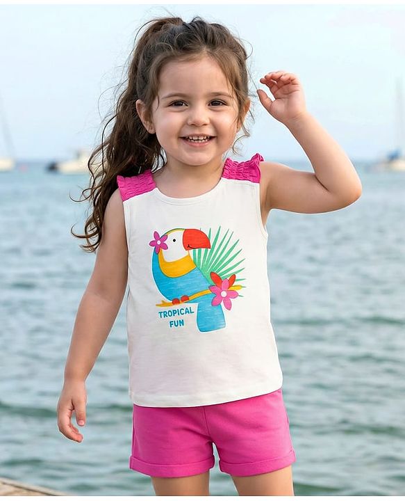 Babyhug Single Jersey Knit Sleeveless Top and Shorts with Bird & Tropical Print- White & Dark Pink