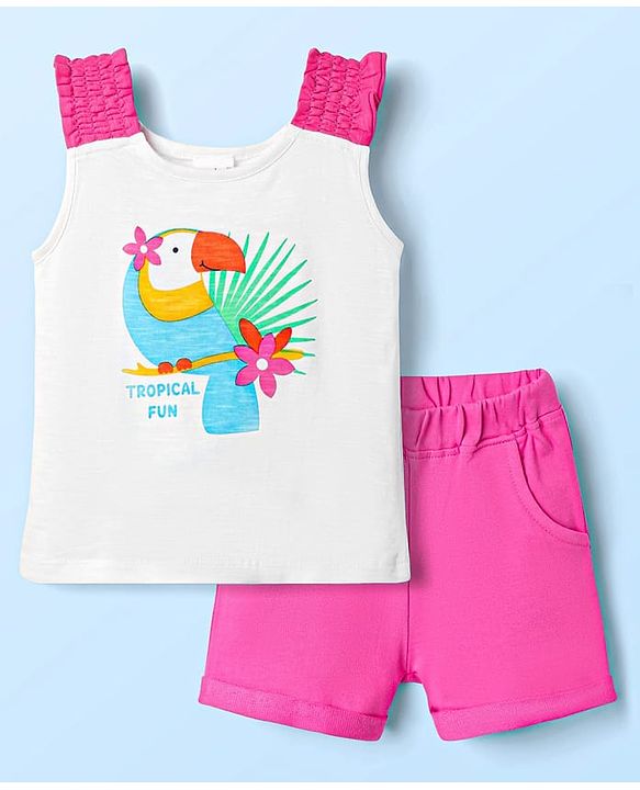 Babyhug Single Jersey Knit Sleeveless Top and Shorts with Bird & Tropical Print- White & Dark Pink