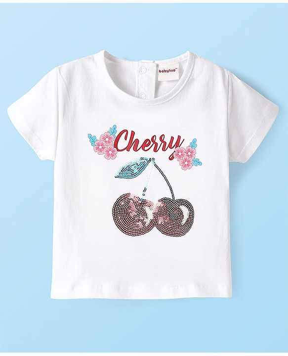 Babyhug 100% Cotton Single Jersey Knit Half Sleeves Cherry Print T-Shirt & Shorts Set with Bow Applique & Sequin Detailing - Red & White