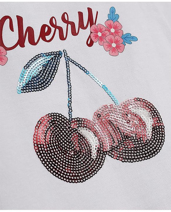 Babyhug 100% Cotton Single Jersey Knit Half Sleeves Cherry Print T-Shirt & Shorts Set with Bow Applique & Sequin Detailing - Red & White