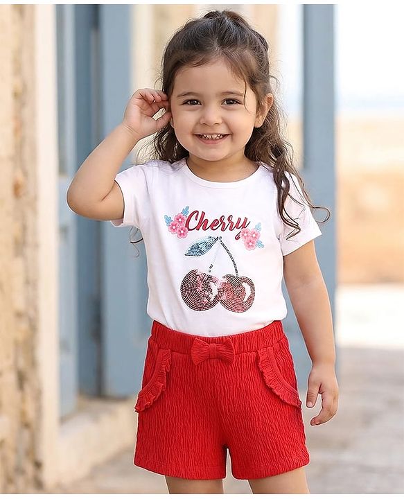 Babyhug 100% Cotton Single Jersey Knit Half Sleeves Cherry Print T-Shirt & Shorts Set with Bow Applique & Sequin Detailing - Red & White