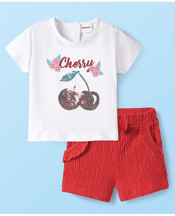 Babyhug 100% Cotton Single Jersey Knit Half Sleeves Cherry Print T-Shirt & Shorts Set with Bow Applique & Sequin Detailing - Red & White