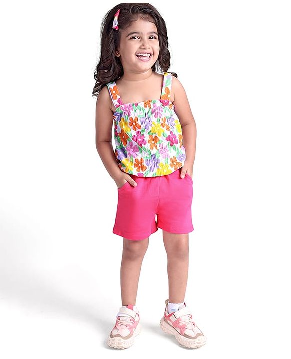Babyhug Single Jersey Knit Sleeveless Top & Shorts with Floral Print - Pink