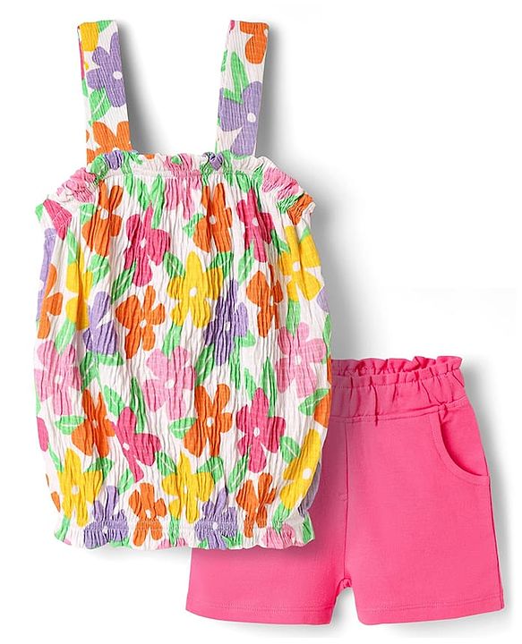 Babyhug Single Jersey Knit Sleeveless Top & Shorts with Floral Print - Pink