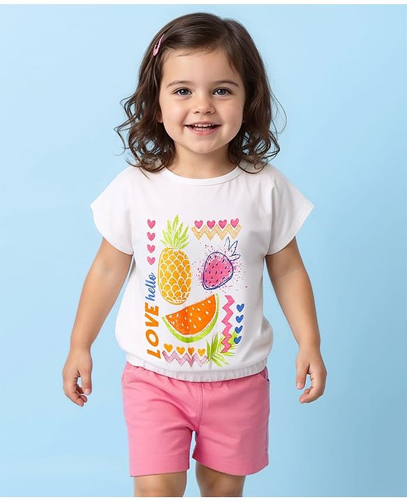 Babyhug Single Jersey Knit Half Sleeves Top & Woven Stretch Twill  Shorts Set with Fruit Print - White & Pink