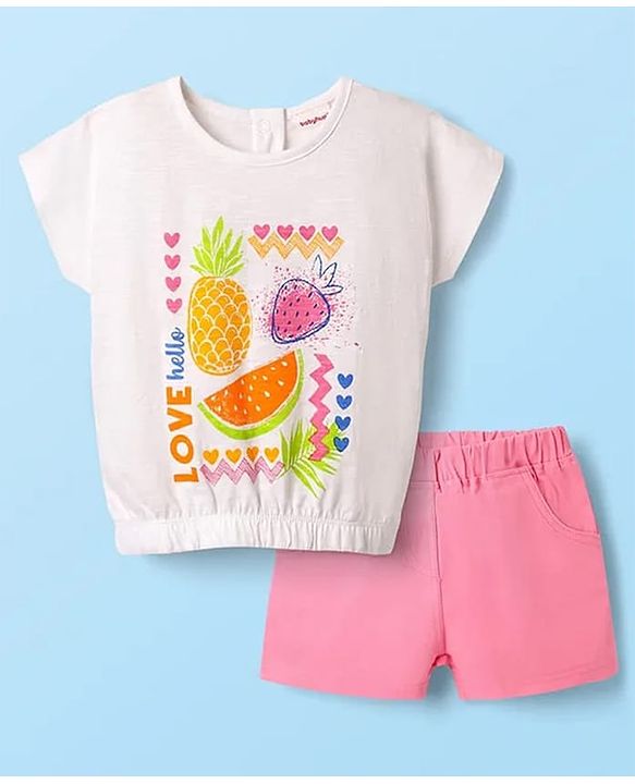 Babyhug Single Jersey Knit Half Sleeves Top & Woven Stretch Twill  Shorts Set with Fruit Print - White & Pink