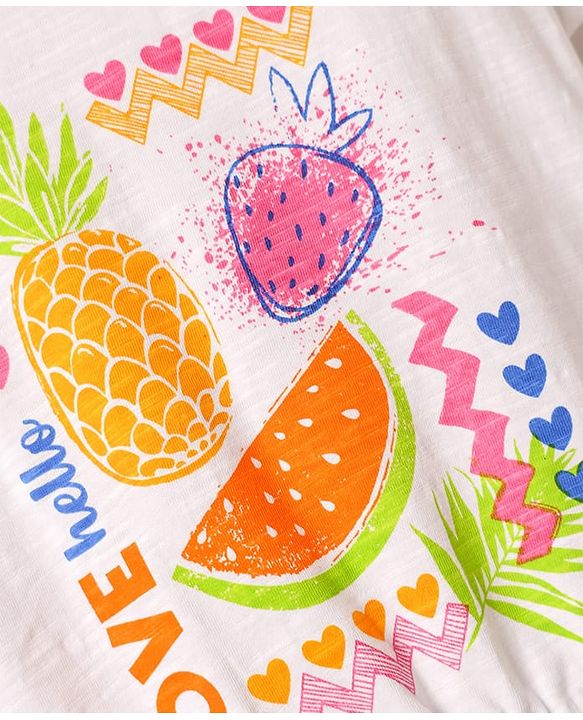 Babyhug Single Jersey Knit Half Sleeves Top & Woven Stretch Twill  Shorts Set with Fruit Print - White & Pink