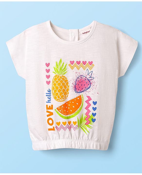 Babyhug Single Jersey Knit Half Sleeves Top & Woven Stretch Twill  Shorts Set with Fruit Print - White & Pink