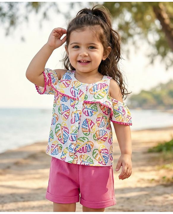 Babyhug 100% Cotton Single Jersey Knit Sleeveless Top and Shorts with Leaf Print & Frill Detailing - Dark Pink