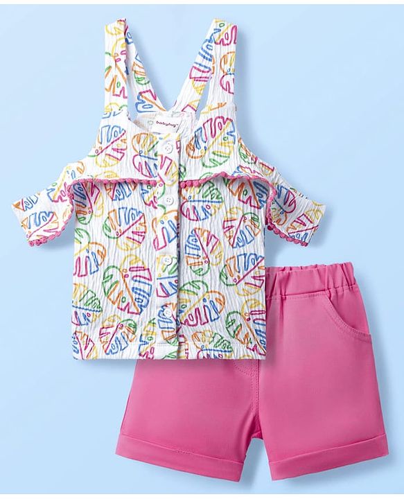 Babyhug 100% Cotton Single Jersey Knit Sleeveless Top and Shorts with Leaf Print & Frill Detailing - Dark Pink