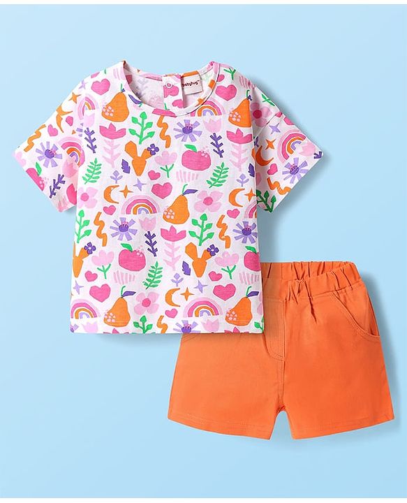 Babyhug Single Jersey Knit Half Sleeves Top & Woven Stretch Twill Shorts Set With Fruit & Floral Print - White & Orange