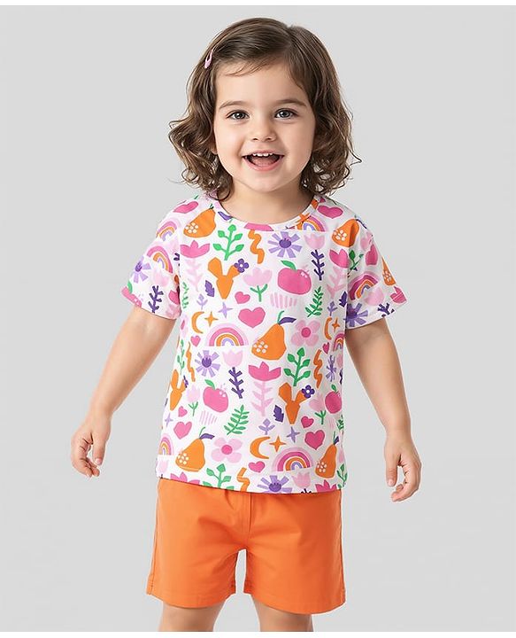 Babyhug Single Jersey Knit Half Sleeves Top & Woven Stretch Twill Shorts Set With Fruit & Floral Print - White & Orange