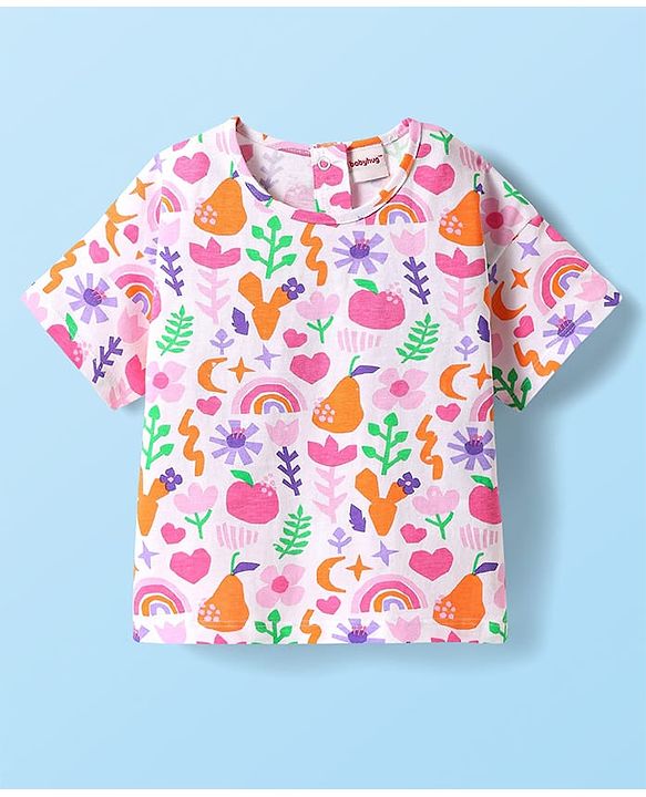 Babyhug Single Jersey Knit Half Sleeves Top & Woven Stretch Twill Shorts Set With Fruit & Floral Print - White & Orange