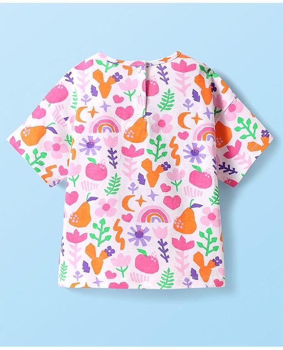 Babyhug Single Jersey Knit Half Sleeves Top & Woven Stretch Twill Shorts Set With Fruit & Floral Print - White & Orange