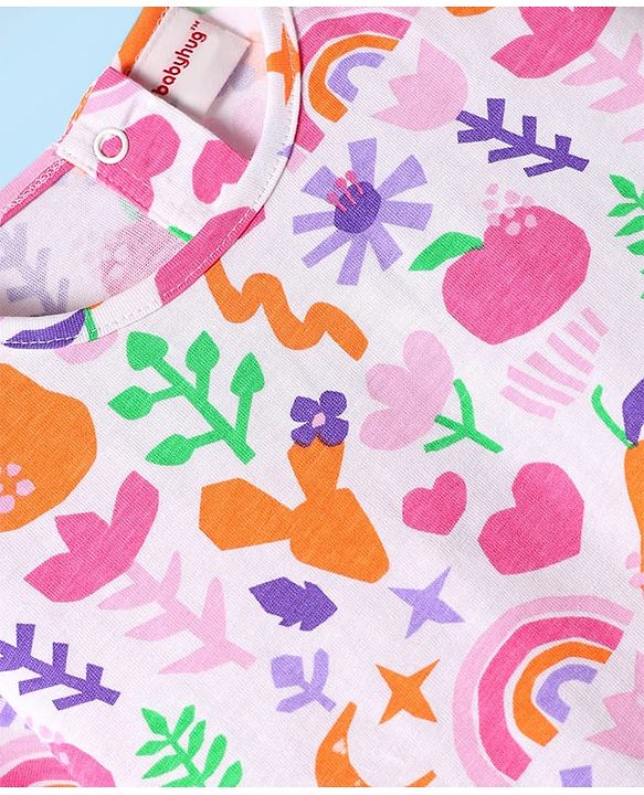 Babyhug Single Jersey Knit Half Sleeves Top & Woven Stretch Twill Shorts Set With Fruit & Floral Print - White & Orange