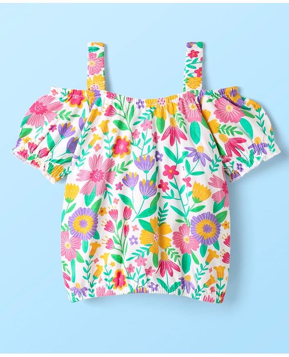 Babyhug Single Jersey Knit Cold Shoulder Sleeves Top & Woven Stretch Twill Shorts Set With Floral Print - White & Pink