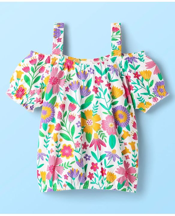 Babyhug Single Jersey Knit Cold Shoulder Sleeves Top & Woven Stretch Twill Shorts Set With Floral Print - White & Pink