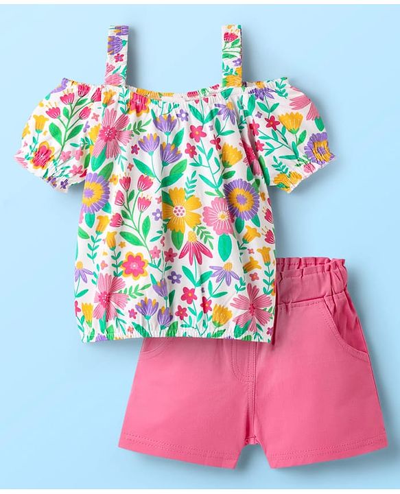 Babyhug Single Jersey Knit Cold Shoulder Sleeves Top & Woven Stretch Twill Shorts Set With Floral Print - White & Pink