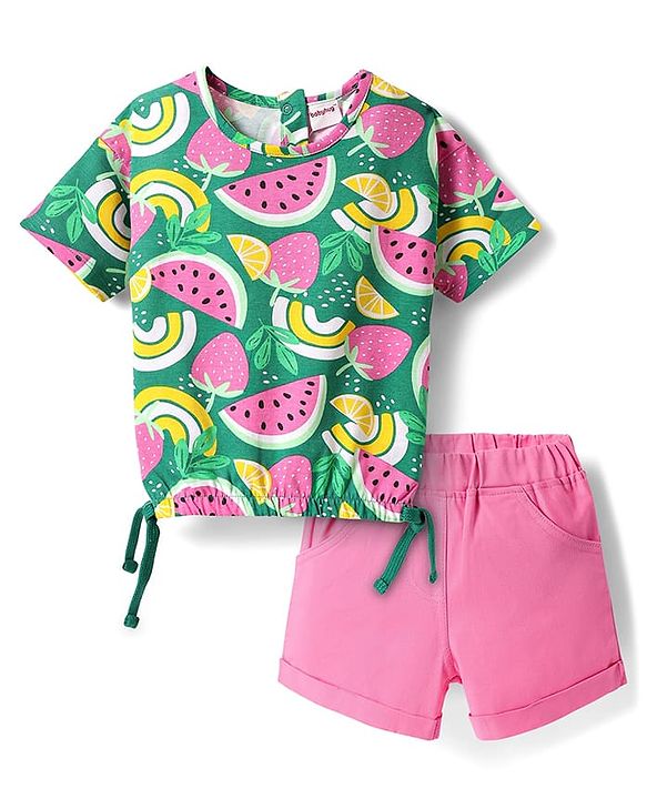 Babyhug Single Jersey Knit Half Sleeves Fruits Printed Top & Woven Stretch Twill Shorts Set - Green & Pink