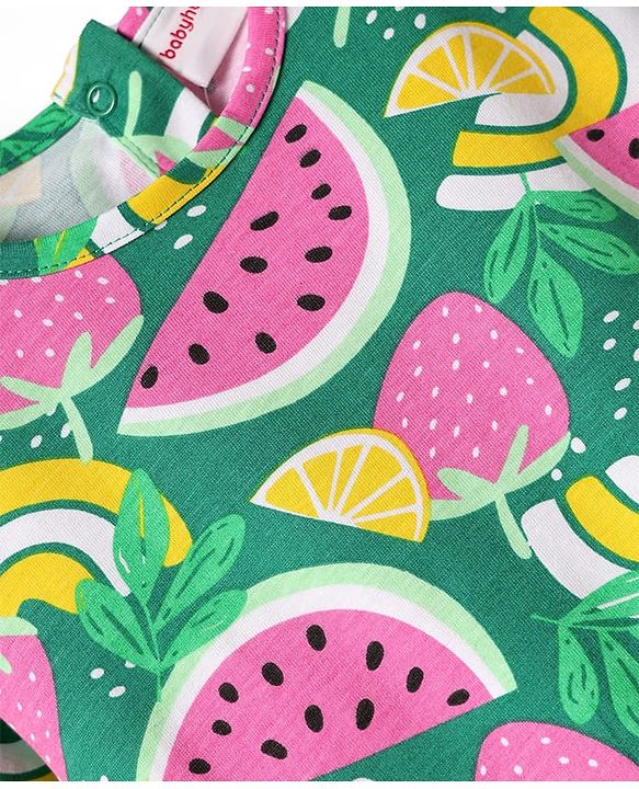 Babyhug Single Jersey Knit Half Sleeves Fruits Printed Top & Woven Stretch Twill Shorts Set - Green & Pink