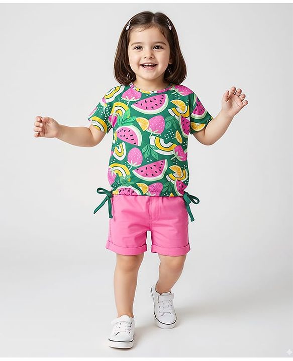 Babyhug Single Jersey Knit Half Sleeves Fruits Printed Top & Woven Stretch Twill Shorts Set - Green & Pink