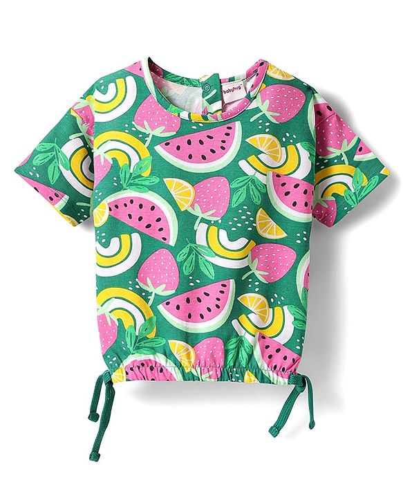 Babyhug Single Jersey Knit Half Sleeves Fruits Printed Top & Woven Stretch Twill Shorts Set - Green & Pink
