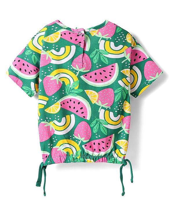 Babyhug Single Jersey Knit Half Sleeves Fruits Printed Top & Woven Stretch Twill Shorts Set - Green & Pink