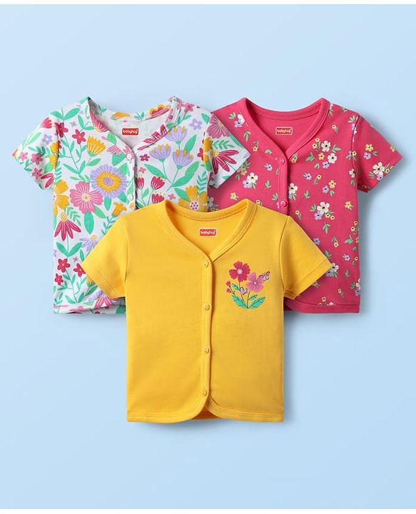 Babyhug 100% Cotton Interlock Knit Front Open Half Sleeves Antibacterial jhablas With Floral Print Pack Of 3 - Yellow Pink & White