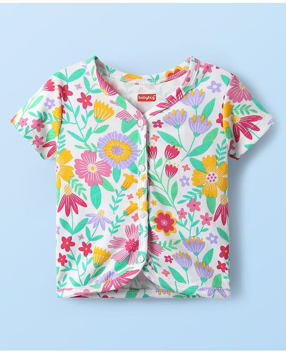 Babyhug 100% Cotton Interlock Knit Front Open Half Sleeves Antibacterial jhablas With Floral Print Pack Of 3 - Yellow Pink & White