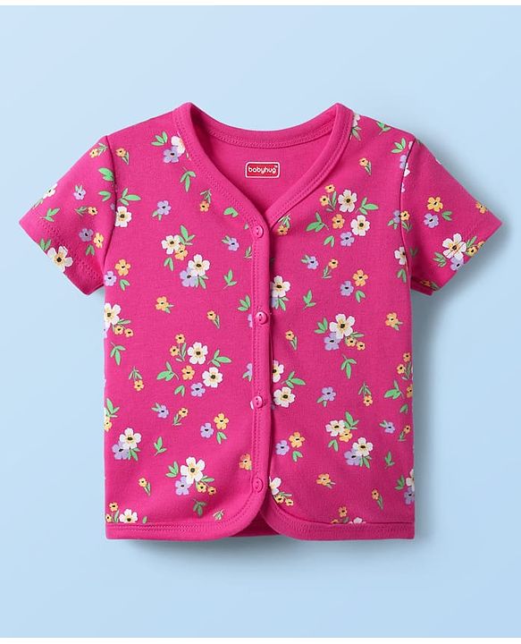 Babyhug 100% Cotton Interlock Knit Front Open Half Sleeves Antibacterial jhablas With Floral Print Pack Of 3 - Yellow Pink & White