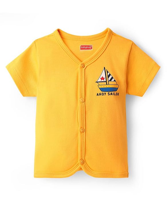 Babyhug 100% Cotton Interlock Knit Half Sleeves Front Open jhabla with Stripe Design & Nautical Theme Print Pack of 3 - Yellow Red & Blue
