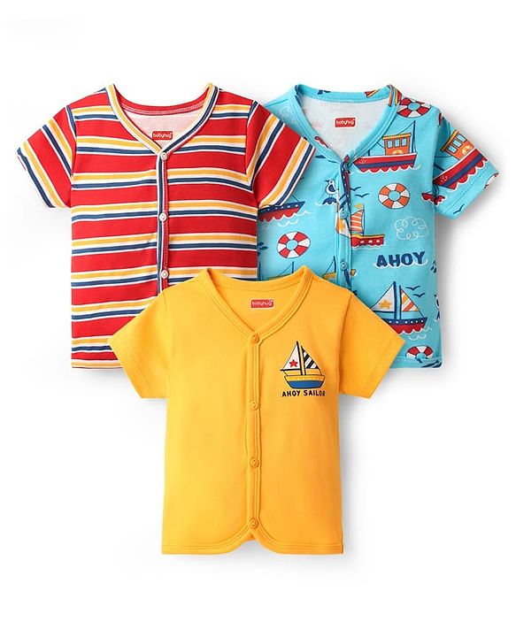 Babyhug 100% Cotton Interlock Knit Half Sleeves Front Open jhabla with Stripe Design & Nautical Theme Print Pack of 3 - Yellow Red & Blue