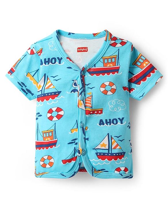 Babyhug 100% Cotton Interlock Knit Half Sleeves Front Open jhabla with Stripe Design & Nautical Theme Print Pack of 3 - Yellow Red & Blue