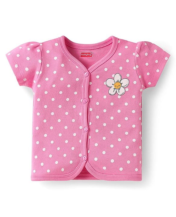 Babyhug 100% Cotton Interlock Knit Antibacterial Half Sleeves Vests With Polka Dots & Floral Print Pack Of 3 - Pink Yellow & Light Blue
