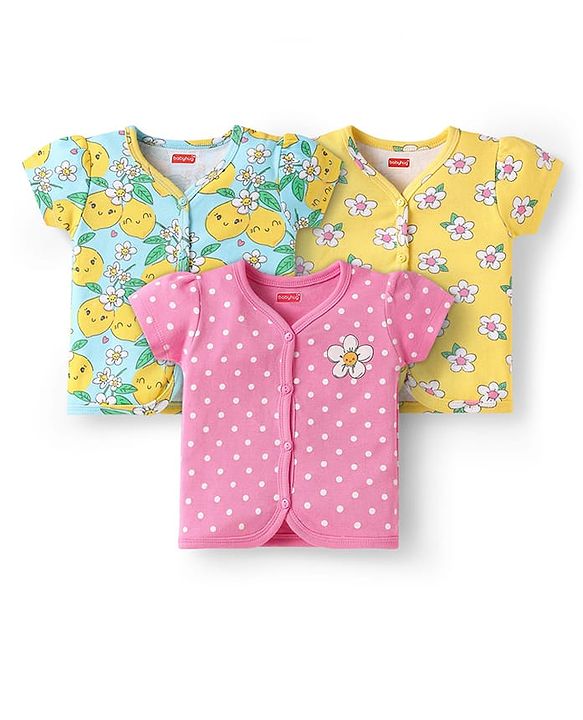 Babyhug 100% Cotton Interlock Knit Antibacterial Half Sleeves Vests With Polka Dots & Floral Print Pack Of 3 - Pink Yellow & Light Blue