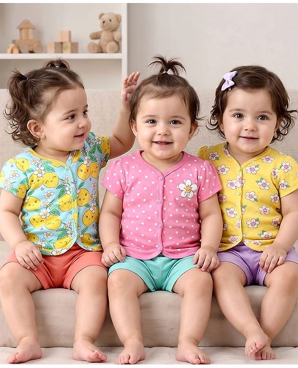 Babyhug 100% Cotton Interlock Knit Antibacterial Half Sleeves Vests With Polka Dots & Floral Print Pack Of 3 - Pink Yellow & Light Blue
