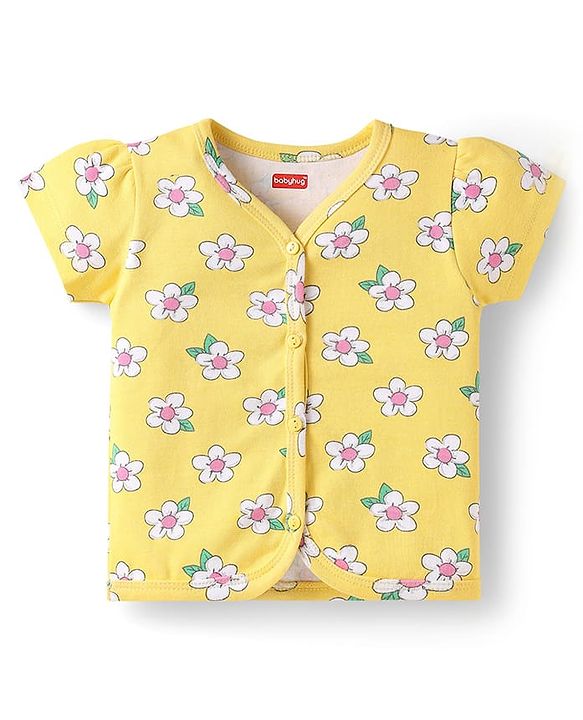 Babyhug 100% Cotton Interlock Knit Antibacterial Half Sleeves Vests With Polka Dots & Floral Print Pack Of 3 - Pink Yellow & Light Blue