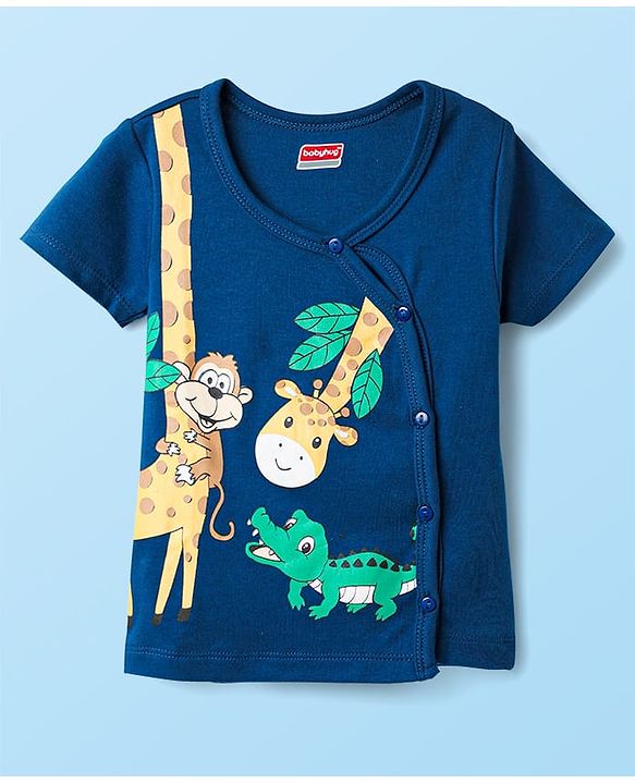 Babyhug 100% Cotton Knit Half Sleeves Antibacterial Striped & Animal Printed Front Open Vests Pack of 3 - Navy Blue Green & White