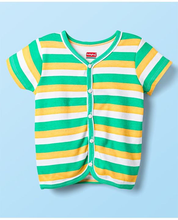 Babyhug 100% Cotton Knit Half Sleeves Antibacterial Striped & Animal Printed Front Open Vests Pack of 3 - Navy Blue Green & White