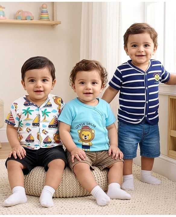 Babyhug 100% Cotton Antibacterial Front Open Half Sleeves Jhablas With Stripes & Nautical Theme Print Pack Of 3 - Multicolour