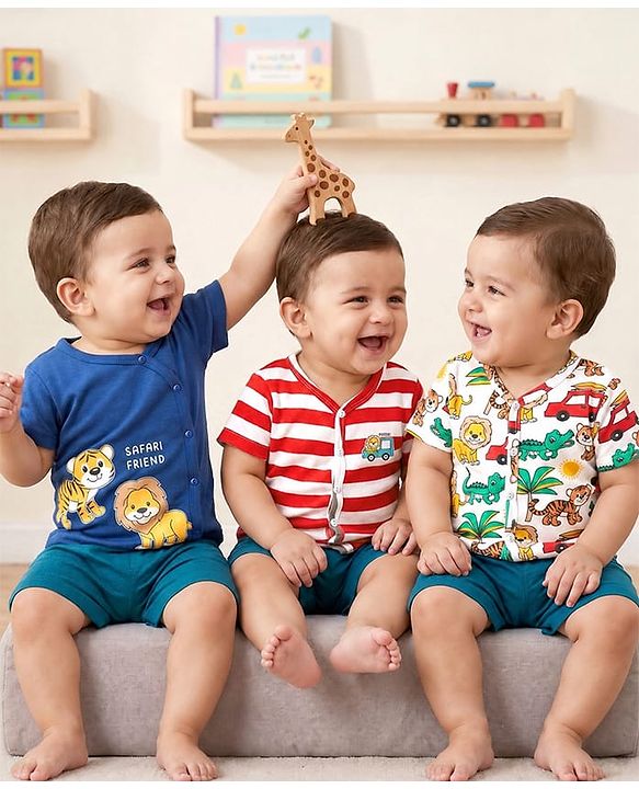 Babyhug 100% Cotton Knit Half Sleeves Antibacterial Striped & Animal Printed Front Open jhablas Pack of 3 - Navy Blue Red & White
