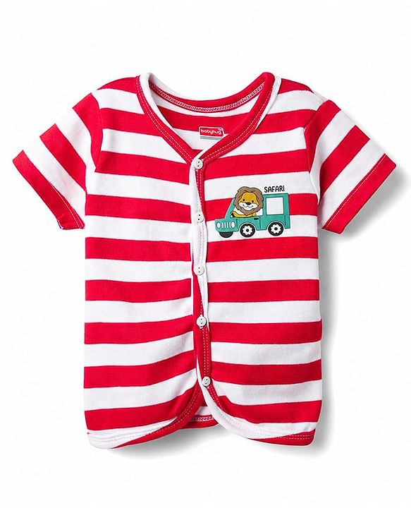 Babyhug 100% Cotton Knit Half Sleeves Antibacterial Striped & Animal Printed Front Open jhablas Pack of 3 - Navy Blue Red & White