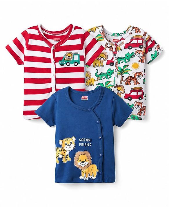 Babyhug 100% Cotton Knit Half Sleeves Antibacterial Striped & Animal Printed Front Open jhablas Pack of 3 - Navy Blue Red & White