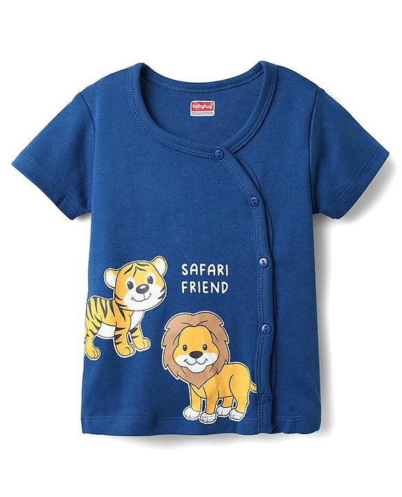 Babyhug 100% Cotton Knit Half Sleeves Antibacterial Striped & Animal Printed Front Open jhablas Pack of 3 - Navy Blue Red & White
