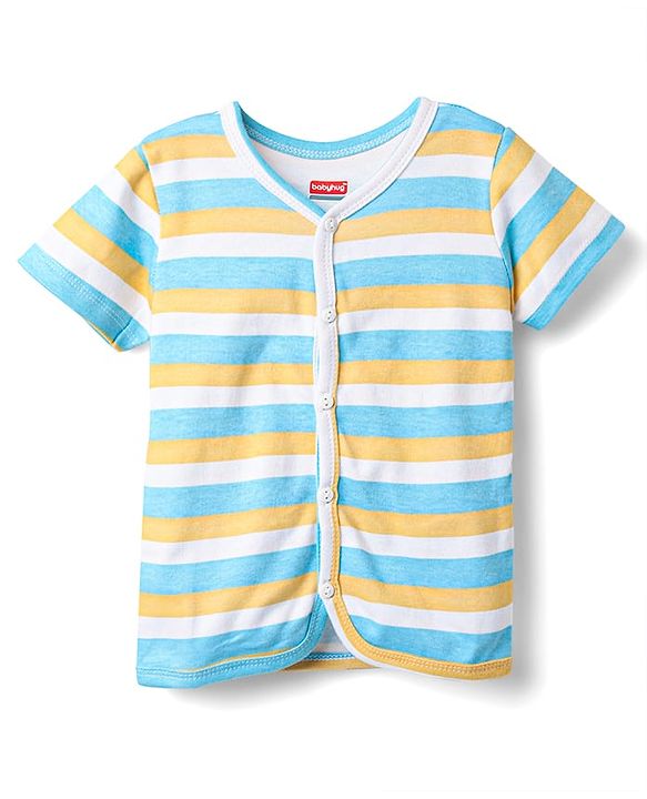 Babyhug 100% Cotton Knit Half Sleeves Antibacterial Striped & Animal Printed Front Open jhablas Pack of 3 - Light Blue White & Yellow