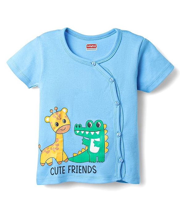 Babyhug 100% Cotton Knit Half Sleeves Antibacterial Striped & Animal Printed Front Open jhablas Pack of 3 - Light Blue White & Yellow