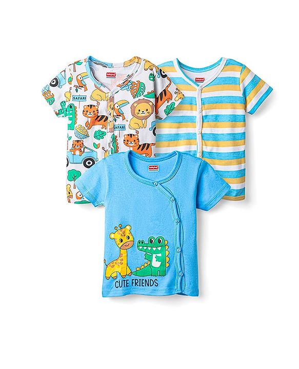 Babyhug 100% Cotton Knit Half Sleeves Antibacterial Striped & Animal Printed Front Open jhablas Pack of 3 - Light Blue White & Yellow