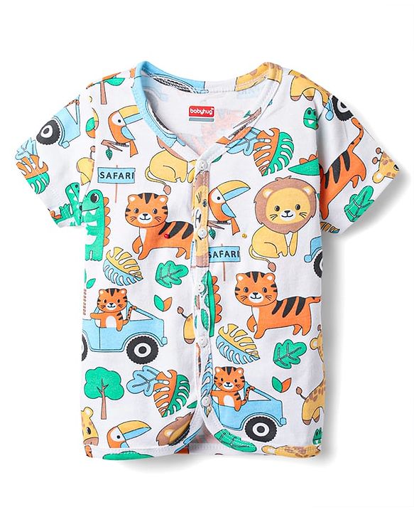 Babyhug 100% Cotton Knit Half Sleeves Antibacterial Striped & Animal Printed Front Open jhablas Pack of 3 - Light Blue White & Yellow